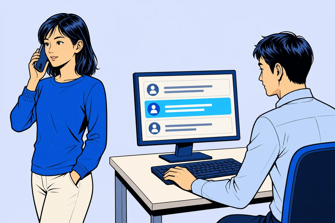 電話で用件を伝える顧客と、受付記録を画面で確認する担当者のイメージ
